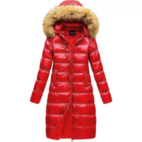 CREATMO US Womens Long Winter Faux Fur Coat Puffer Warm Jacket with Detachable HoodShine Red