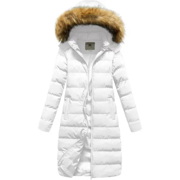 CREATMO US Womens Long Winter Faux Fur Coat Puffer Warm Jacket with Detachable HoodWhite