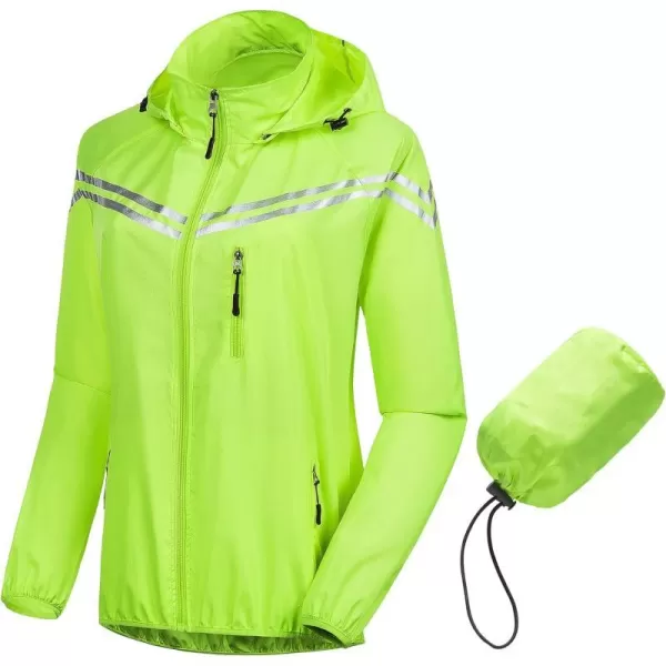 CREATMO US Womens Packable Waterproof Running Rain Coat Reflective Cycling Jacket Windbreaker With Detachable HoodFluorescent Yellow