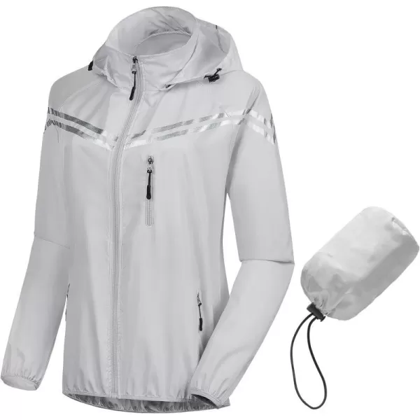 CREATMO US Womens Packable Waterproof Running Rain Coat Reflective Cycling Jacket Windbreaker With Detachable HoodGrey