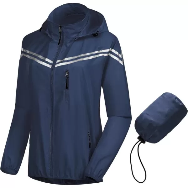 CREATMO US Womens Packable Waterproof Running Rain Coat Reflective Cycling Jacket Windbreaker With Detachable HoodNavy Blue