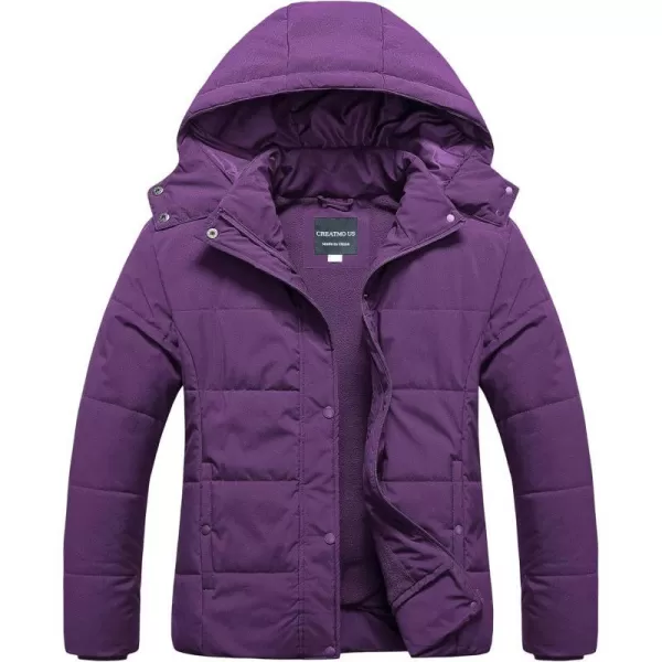 CREATMO US Womens Plus Size Warm Puffer Jacket Waterproof Fleece Lined Winter Coat with Removable HoodPurple