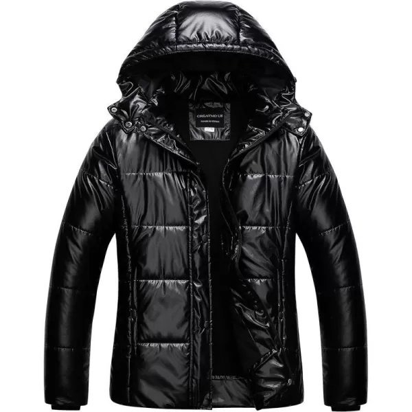 CREATMO US Womens Plus Size Warm Puffer Jacket Waterproof Fleece Lined Winter Coat with Removable HoodShiny Black