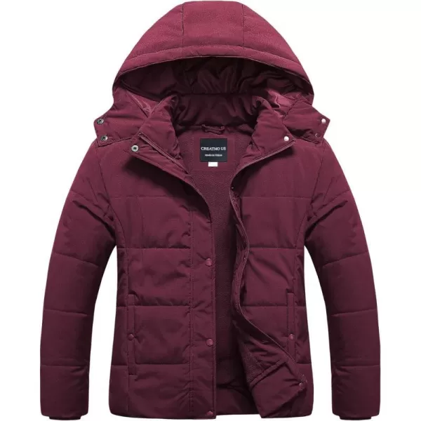 CREATMO US Womens Plus Size Warm Puffer Jacket Waterproof Fleece Lined Winter Coat with Removable HoodWine Red