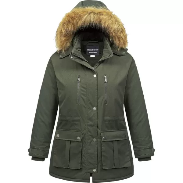 CREATMO US Womens Plus Size Winter Coat Waterproof Long Puffer Jacket Warm Military Thicken Parka with Fur HoodArmy Green