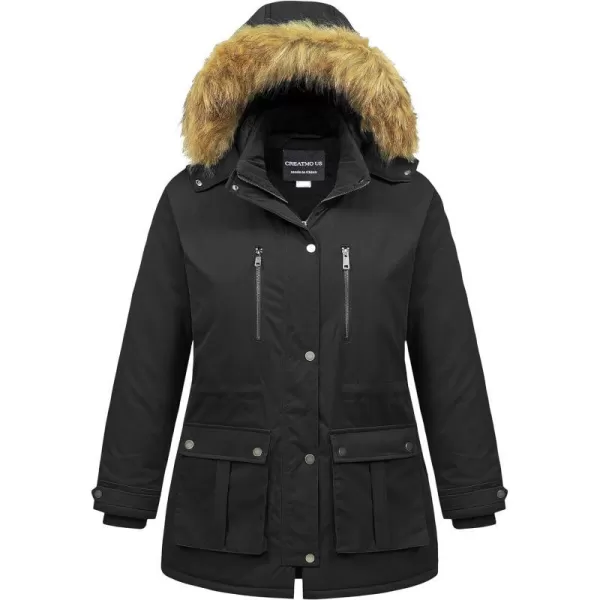 CREATMO US Womens Plus Size Winter Coat Waterproof Long Puffer Jacket Warm Military Thicken Parka with Fur HoodBlack