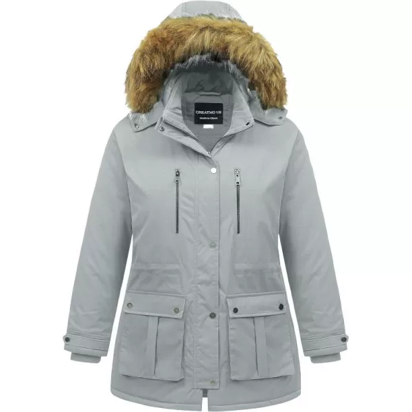 CREATMO US Womens Plus Size Winter Coat Waterproof Long Puffer Jacket Warm Military Thicken Parka with Fur HoodLight Grey