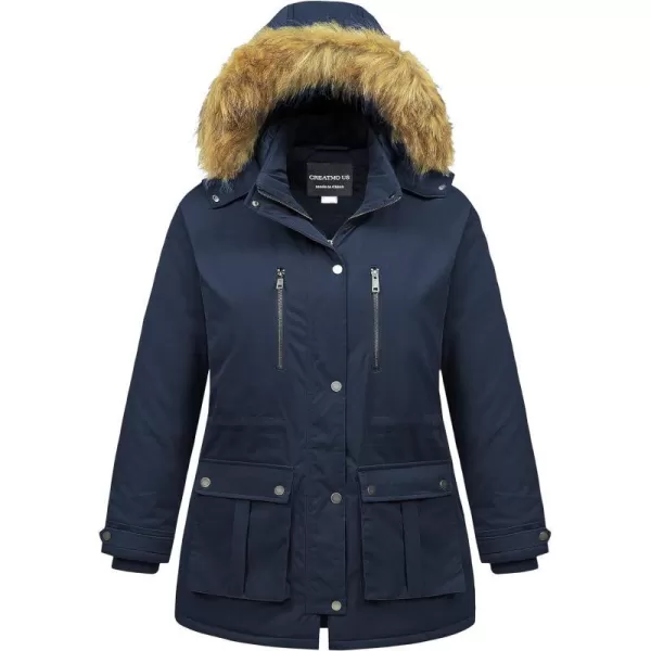 CREATMO US Womens Plus Size Winter Coat Waterproof Long Puffer Jacket Warm Military Thicken Parka with Fur HoodNavy Blue