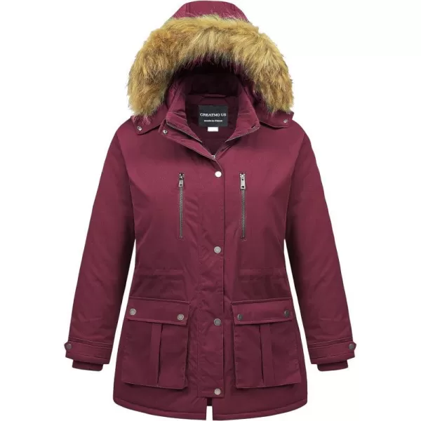 CREATMO US Womens Plus Size Winter Coat Waterproof Long Puffer Jacket Warm Military Thicken Parka with Fur HoodWine Red