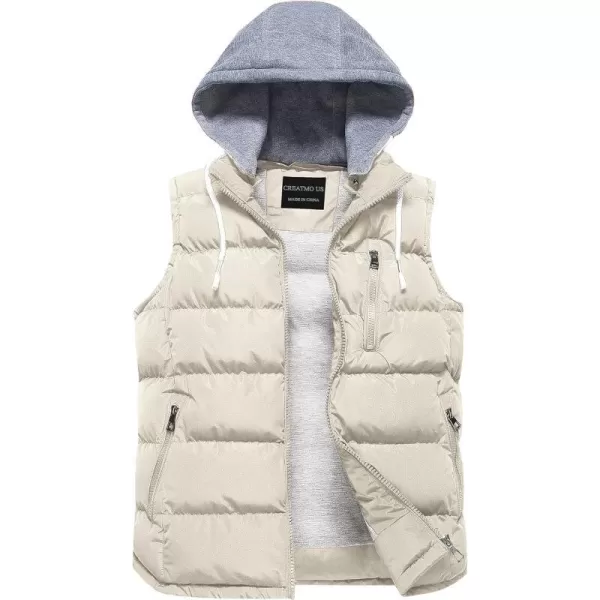 CREATMO US Womens Warm Vest Outerwear Thick Padded Puffer Sleeveless Vest With Detachable HoodBeige