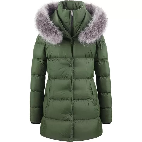 CREATMO US Womens Winter Snow Jacket Long Fur Puffer Coat With Removable Faux Fur TrimArmy Green