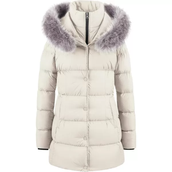 CREATMO US Womens Winter Snow Jacket Long Fur Puffer Coat With Removable Faux Fur TrimBeige