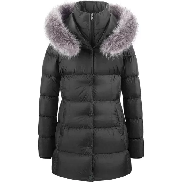 CREATMO US Womens Winter Snow Jacket Long Fur Puffer Coat With Removable Faux Fur TrimBlack