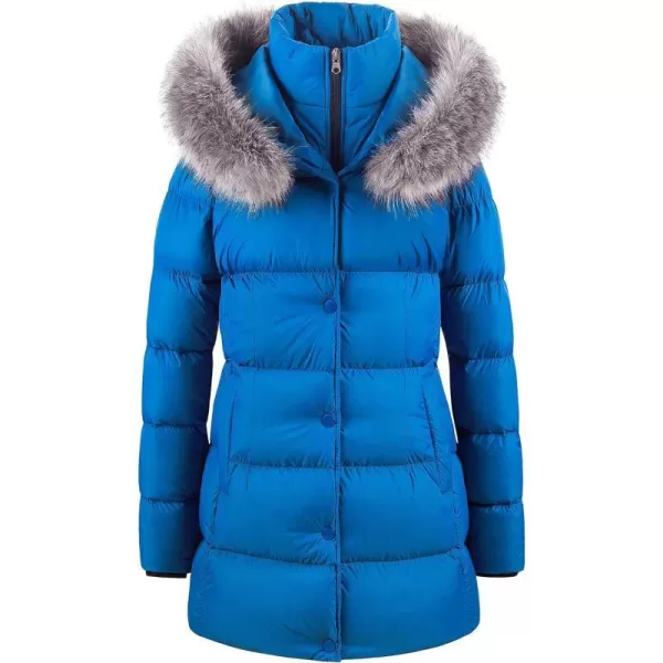 CREATMO US Womens Winter Snow Jacket Long Fur Puffer Coat With Removable Faux Fur TrimBlue