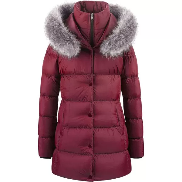 CREATMO US Womens Winter Snow Jacket Long Fur Puffer Coat With Removable Faux Fur TrimBurgundy