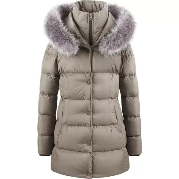 CREATMO US Womens Winter Snow Jacket Long Fur Puffer Coat With Removable Faux Fur TrimLight Khaki