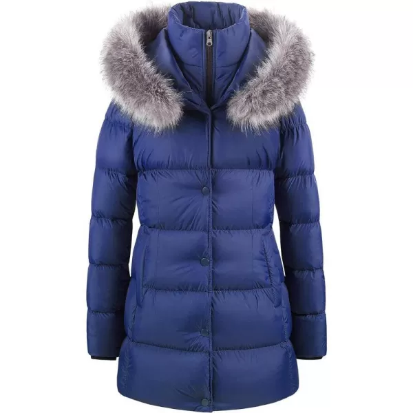 CREATMO US Womens Winter Snow Jacket Long Fur Puffer Coat With Removable Faux Fur TrimNavy