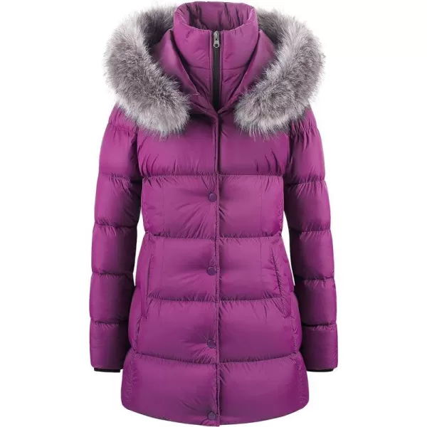 CREATMO US Womens Winter Snow Jacket Long Fur Puffer Coat With Removable Faux Fur TrimPurple