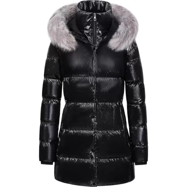 CREATMO US Womens Winter Snow Jacket Long Fur Puffer Coat With Removable Faux Fur TrimShine Black