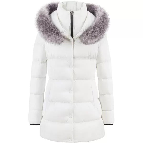 CREATMO US Womens Winter Snow Jacket Long Fur Puffer Coat With Removable Faux Fur TrimWhite