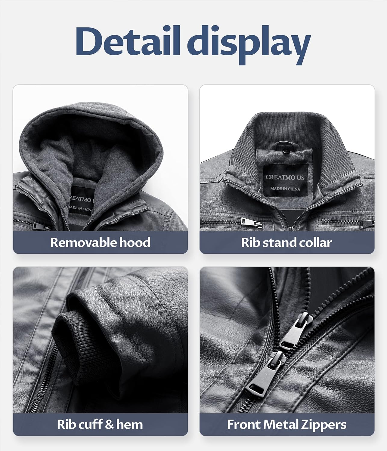 Women's Faux Leather Motorcycle Jacket - Waterproof Vintage Bomber Style With Removable Hood