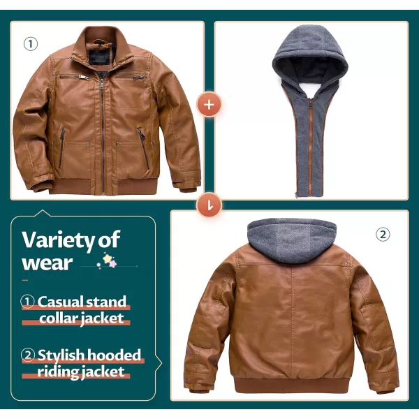 Boys Faux Leather Jacket Windproof Warm Winter Coat Kids Bomber Outerwear Waterproof PU Motorcycle JacketBrown Moderate