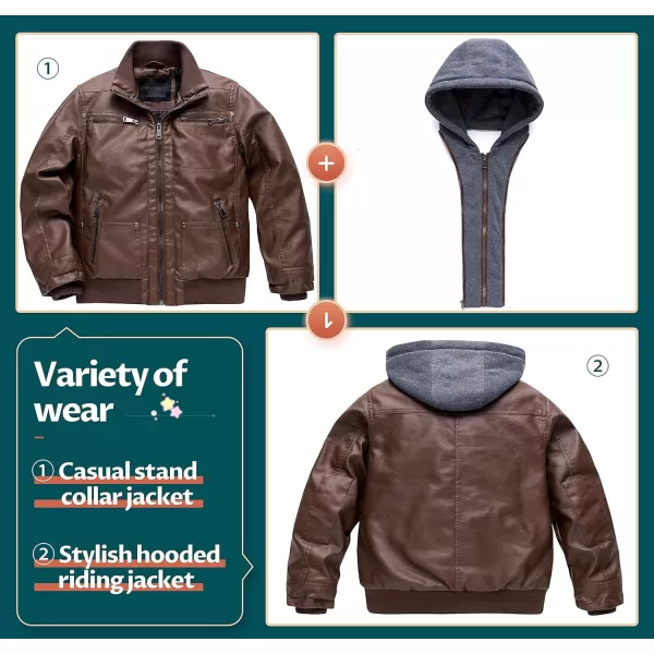 Boys Faux Leather Jacket Windproof Warm Winter Coat Kids Bomber Outerwear Waterproof PU Motorcycle JacketCoffee