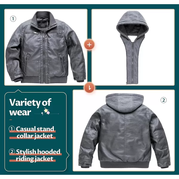 Boys Faux Leather Jacket Windproof Warm Winter Coat Kids Bomber Outerwear Waterproof PU Motorcycle JacketGrey