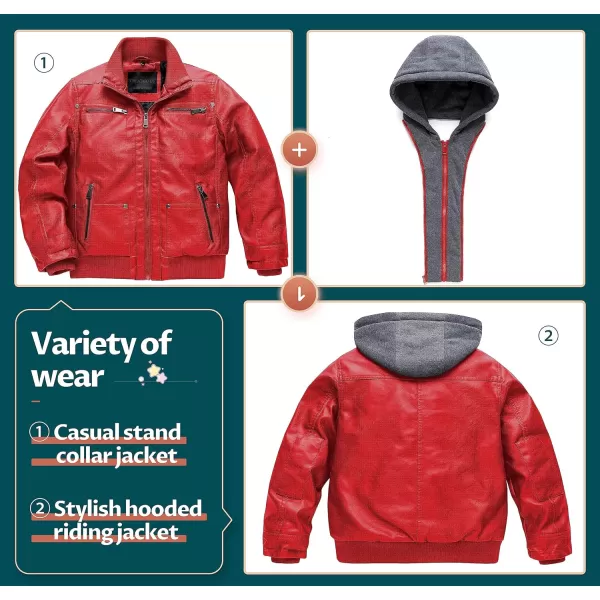 Boys Faux Leather Jacket Windproof Warm Winter Coat Kids Bomber Outerwear Waterproof PU Motorcycle JacketRed