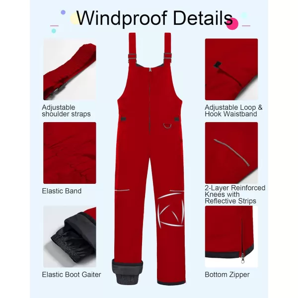 CREATMO US Boys Snow Bibs Kids Ski Pants Waterproof Insulated Winter OverallsCargo Red