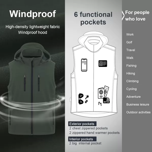 CREATMO US Mens Casual Lightweight Warm Thin Outerwear Vest Windbreaker Sleeveless Jacket With Removable HoodArmy Green
