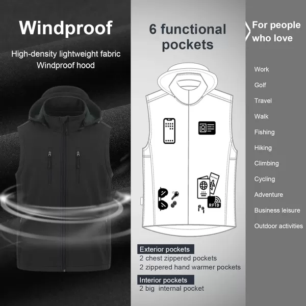 CREATMO US Mens Casual Lightweight Warm Thin Outerwear Vest Windbreaker Sleeveless Jacket With Removable HoodBlack
