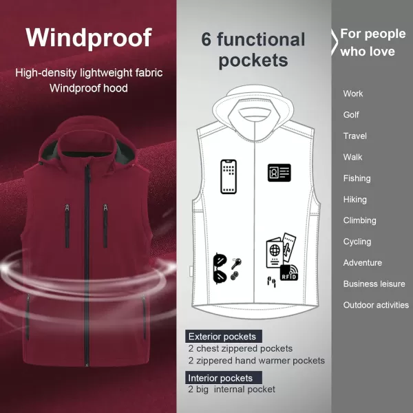 CREATMO US Mens Casual Lightweight Warm Thin Outerwear Vest Windbreaker Sleeveless Jacket With Removable HoodBurgundy