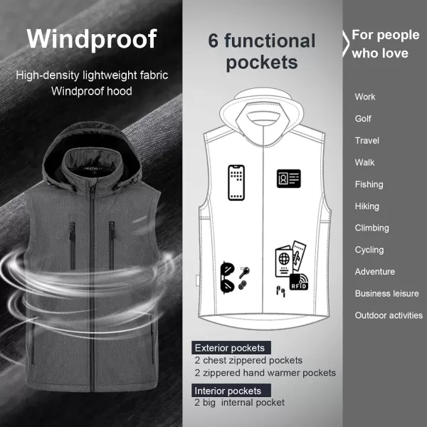 CREATMO US Mens Casual Lightweight Warm Thin Outerwear Vest Windbreaker Sleeveless Jacket With Removable HoodDark Grey Heather