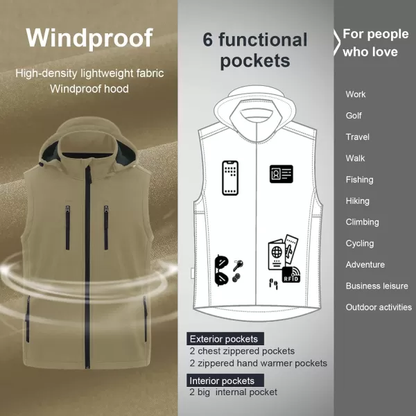 CREATMO US Mens Casual Lightweight Warm Thin Outerwear Vest Windbreaker Sleeveless Jacket With Removable HoodKhaki