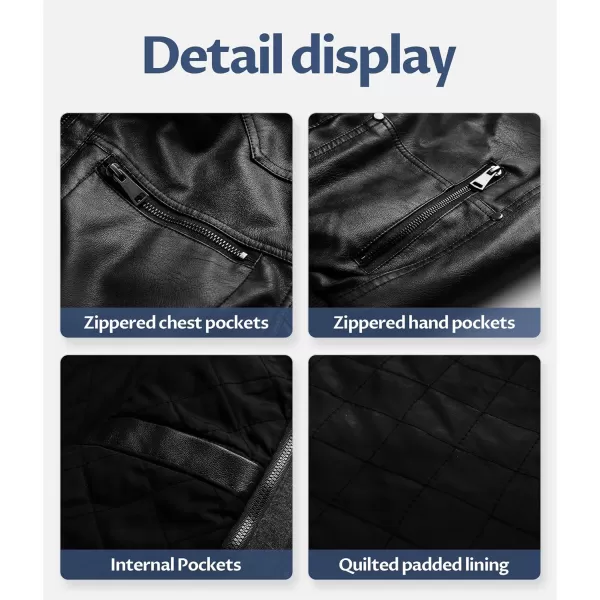 CREATMO US Mens Faux Leather Jacket Motorcycle Jacket Waterproof Windproof PU Moto Vintage Bomber Hoodie with Removable HoodBlack