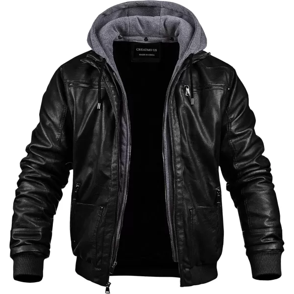 CREATMO US Mens Faux Leather Jacket Motorcycle Jacket Waterproof Windproof PU Moto Vintage Bomber Hoodie with Removable HoodBlack