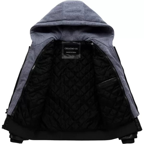 CREATMO US Mens Faux Leather Jacket Motorcycle Jacket Waterproof Windproof PU Moto Vintage Bomber Hoodie with Removable HoodBlack