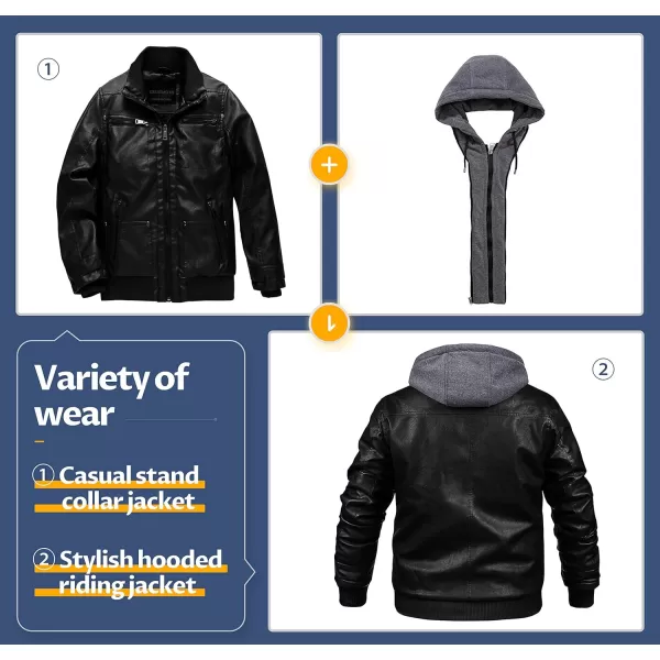 CREATMO US Mens Faux Leather Jacket Motorcycle Jacket Waterproof Windproof PU Moto Vintage Bomber Hoodie with Removable HoodBlack