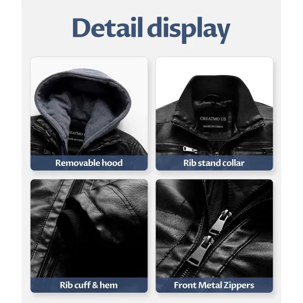CREATMO US Mens Faux Leather Jacket Motorcycle Jacket Waterproof Windproof PU Moto Vintage Bomber Hoodie with Removable HoodBlack