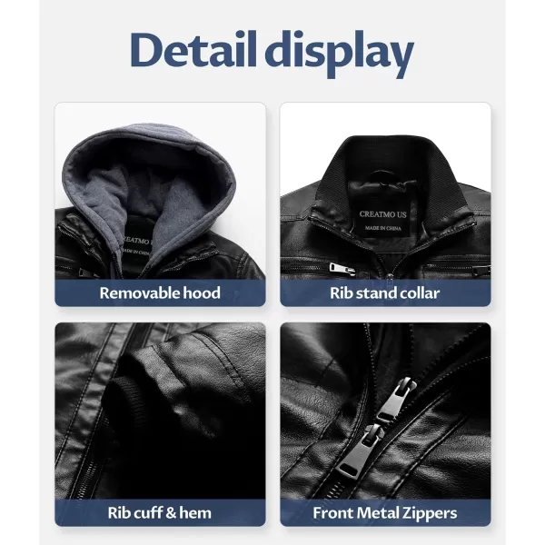 CREATMO US Mens Faux Leather Jacket Motorcycle Jacket Waterproof Windproof PU Moto Vintage Bomber Hoodie with Removable HoodBlack Light
