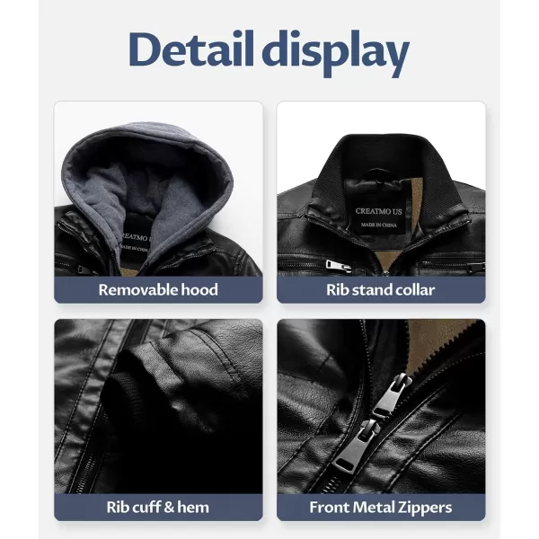 CREATMO US Mens Faux Leather Jacket Motorcycle Jacket Waterproof Windproof PU Moto Vintage Bomber Hoodie with Removable HoodBlack Sherpa Lined