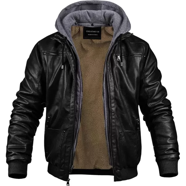 CREATMO US Mens Faux Leather Jacket Motorcycle Jacket Waterproof Windproof PU Moto Vintage Bomber Hoodie with Removable HoodBlack Sherpa Lined