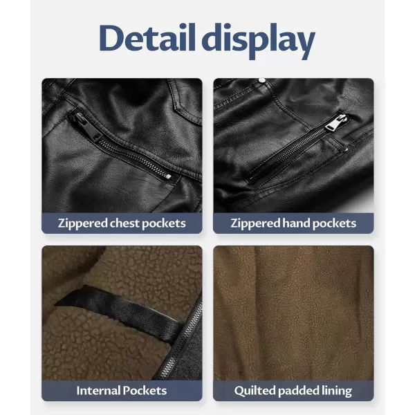 CREATMO US Mens Faux Leather Jacket Motorcycle Jacket Waterproof Windproof PU Moto Vintage Bomber Hoodie with Removable HoodBlack Sherpa Lined