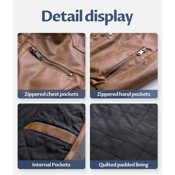 CREATMO US Mens Faux Leather Jacket Motorcycle Jacket Waterproof Windproof PU Moto Vintage Bomber Hoodie with Removable HoodBrown