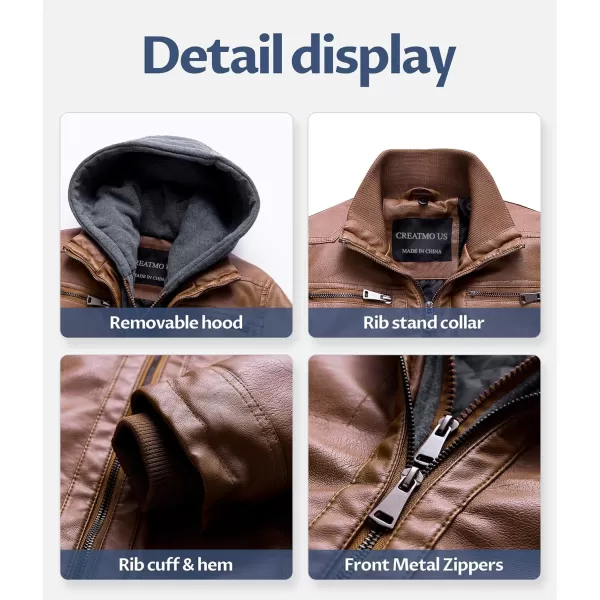 CREATMO US Mens Faux Leather Jacket Motorcycle Jacket Waterproof Windproof PU Moto Vintage Bomber Hoodie with Removable HoodBrown