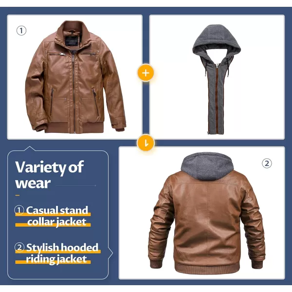 CREATMO US Mens Faux Leather Jacket Motorcycle Jacket Waterproof Windproof PU Moto Vintage Bomber Hoodie with Removable HoodBrown
