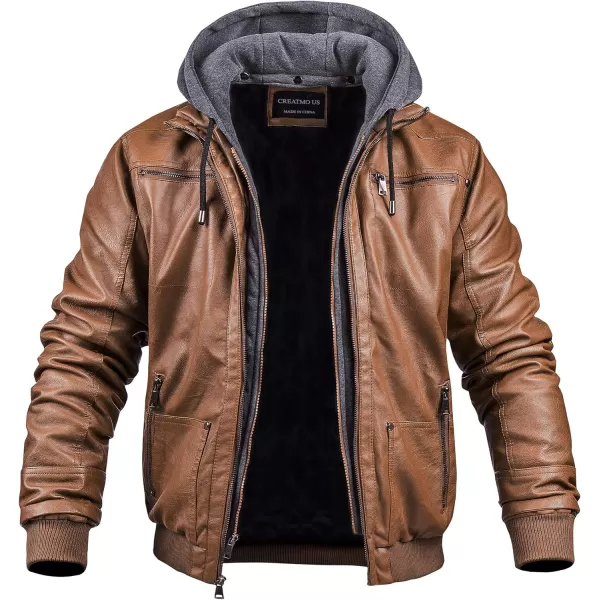 CREATMO US Mens Faux Leather Jacket Motorcycle Jacket Waterproof Windproof PU Moto Vintage Bomber Hoodie with Removable HoodBrown Light