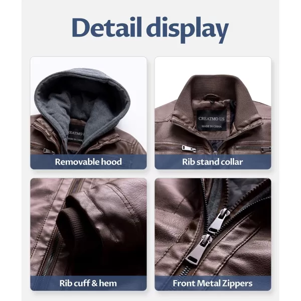 CREATMO US Mens Faux Leather Jacket Motorcycle Jacket Waterproof Windproof PU Moto Vintage Bomber Hoodie with Removable HoodCoffee