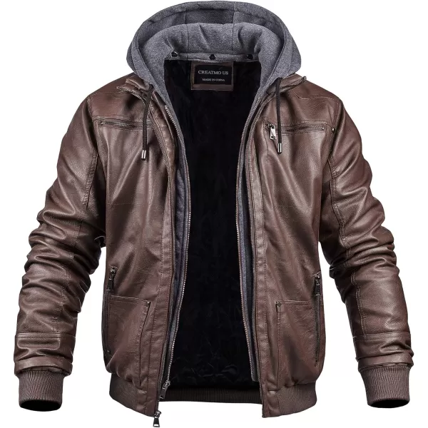 CREATMO US Mens Faux Leather Jacket Motorcycle Jacket Waterproof Windproof PU Moto Vintage Bomber Hoodie with Removable HoodCoffee